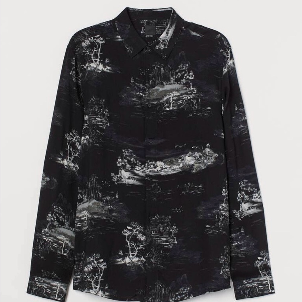 H&M Mens Long Sleeve Button Up Dress Shirt Viscose Black & White Tree Casual